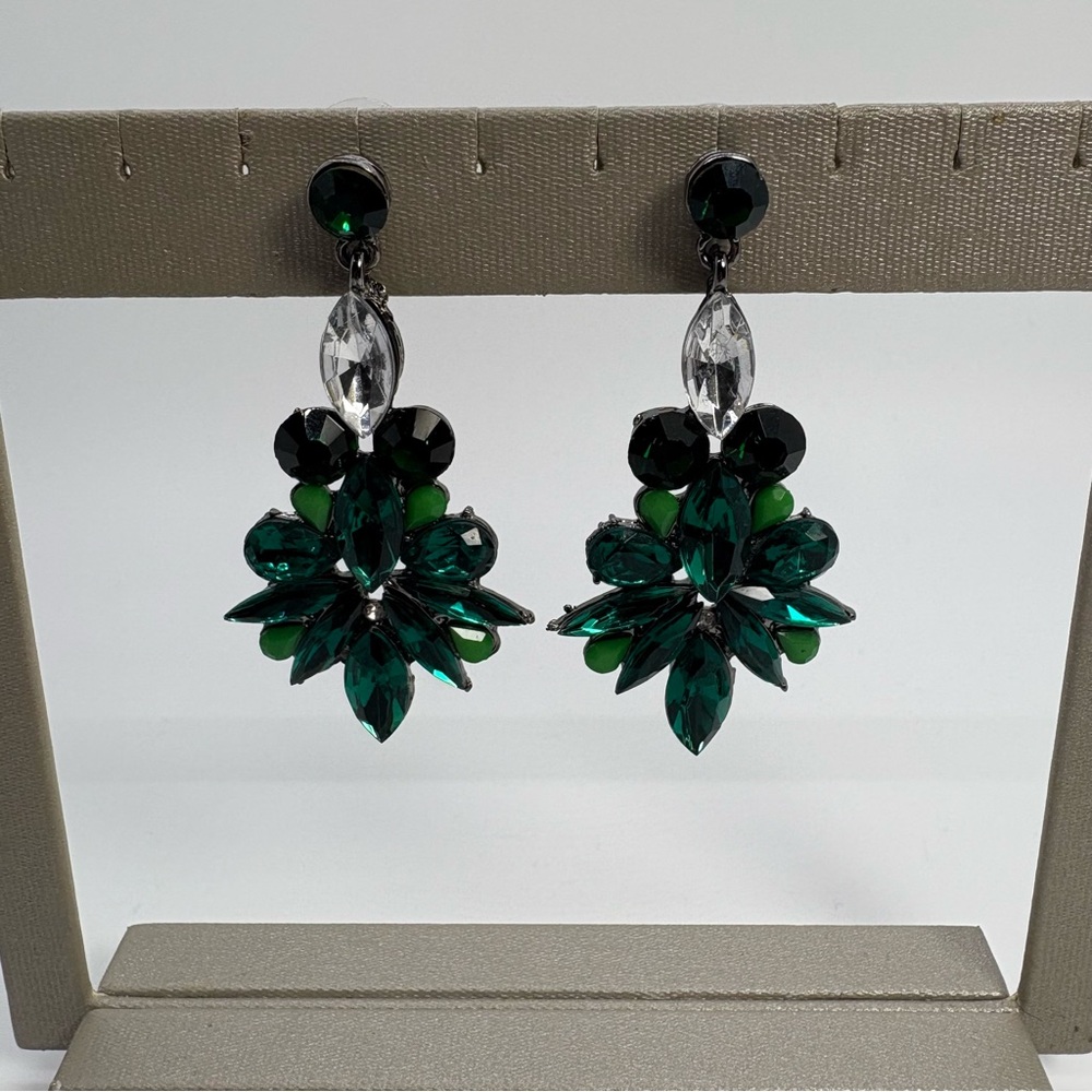 Green Crystal Dangle Rhinestone Drop Silver Tone Earrings